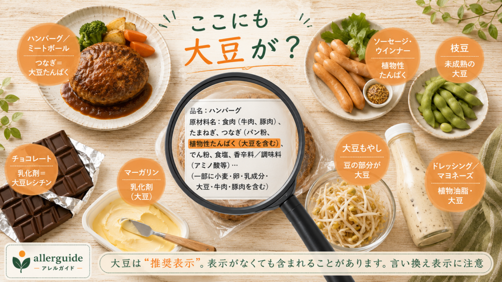 ハンバーグ・チョコ・枝豆など隠れた大豆成分のフラットレイ