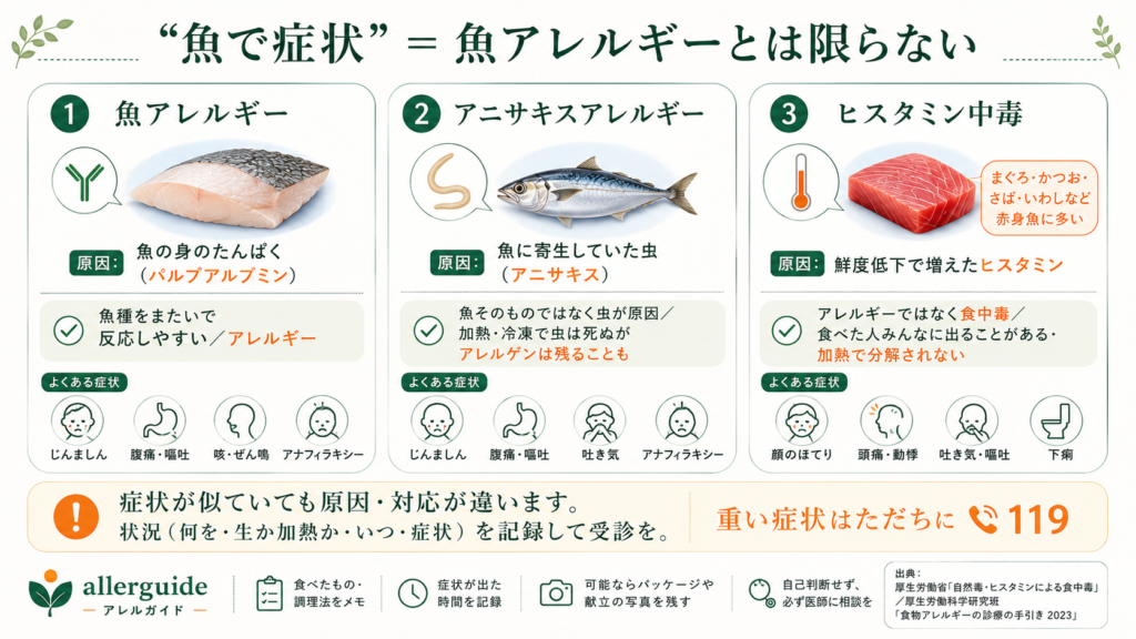 魚アレルギー・アニサキス・ヒスタミン中毒の鑑別図
