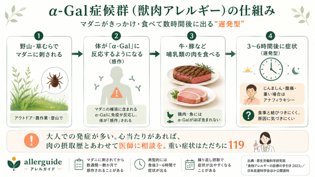 α-Gal症候群の仕組み（マダニ→哺乳類肉→遅発型）を示す図
