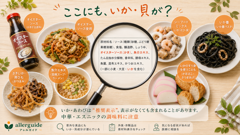 オイスターソースやシーフードミックスなど隠れたいか・貝成分のフラットレイ