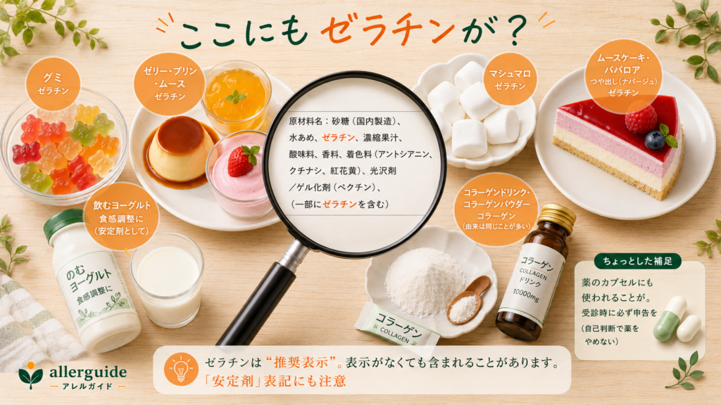 グミ・ゼリー・マシュマロなど隠れたゼラチンを含む食品のフラットレイ